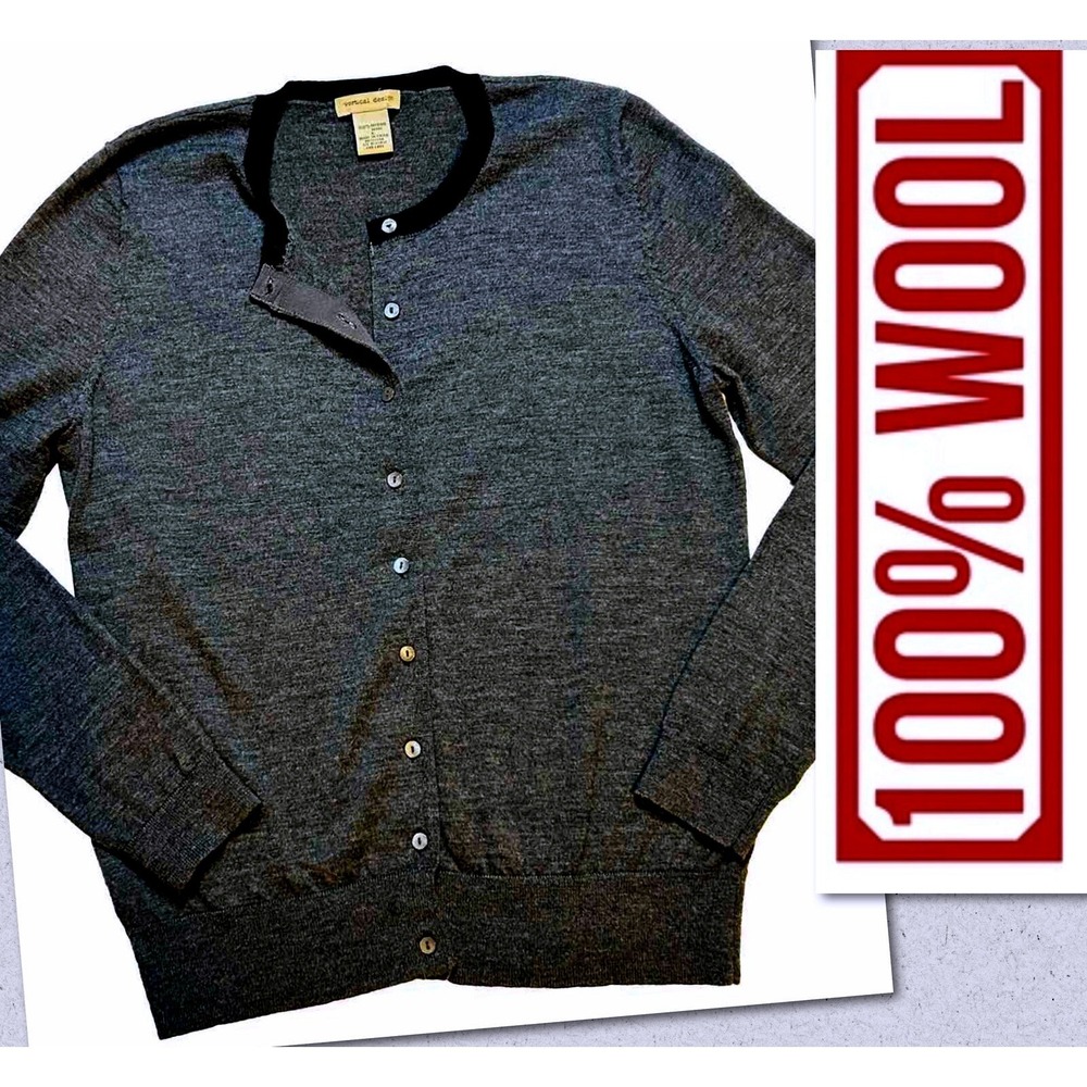 Vertical Design - Women's Large Gray/Black 100% Merino Wool  Button Cardigan